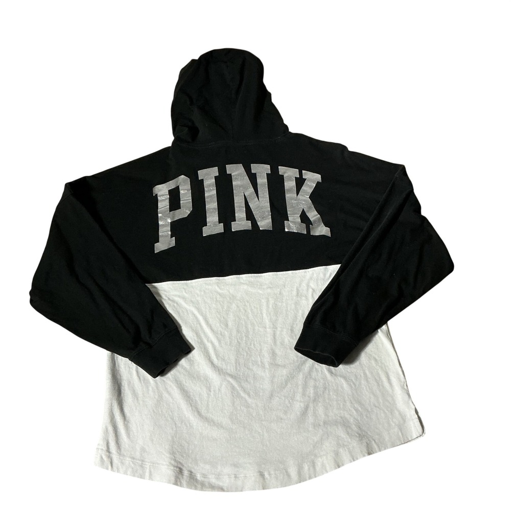 Victoria's Secret PINK Black White Colorblock Foil Logo Hooded T-Shirt‎ S